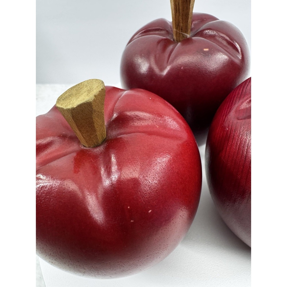 3 Faux Fruit Wood Wooden Red Apples Stems Realistic Farmhouse Decor Heavy - Picture 10 of 13